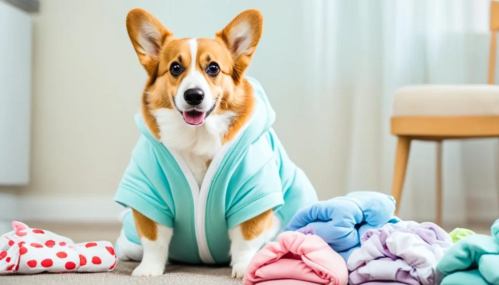 using a onesie to keep a diaper on a corgi using a onesie to keep a diaper on a corgi