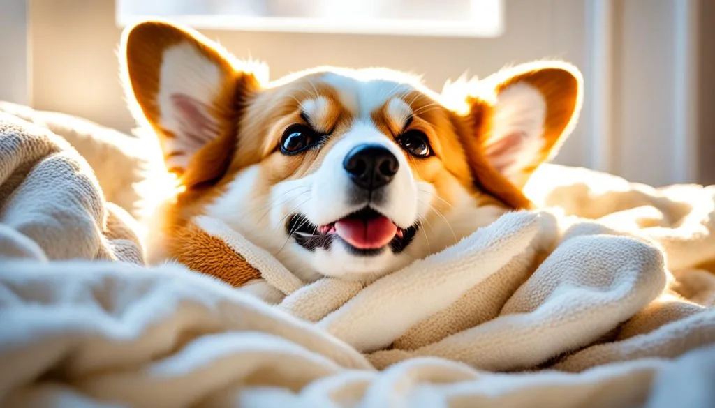 Corgi sleeping in a cozy bed