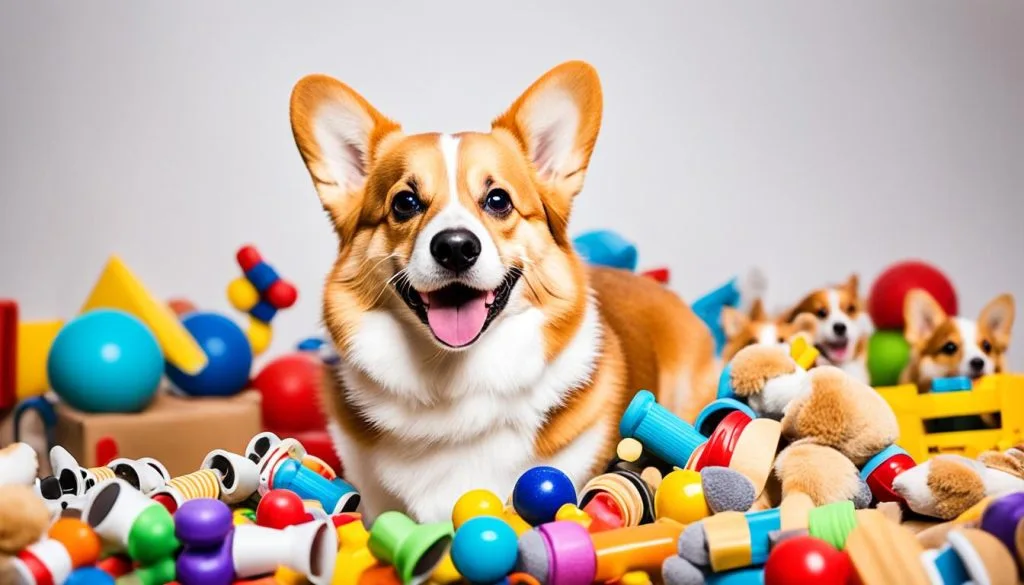 corgi playing with toys