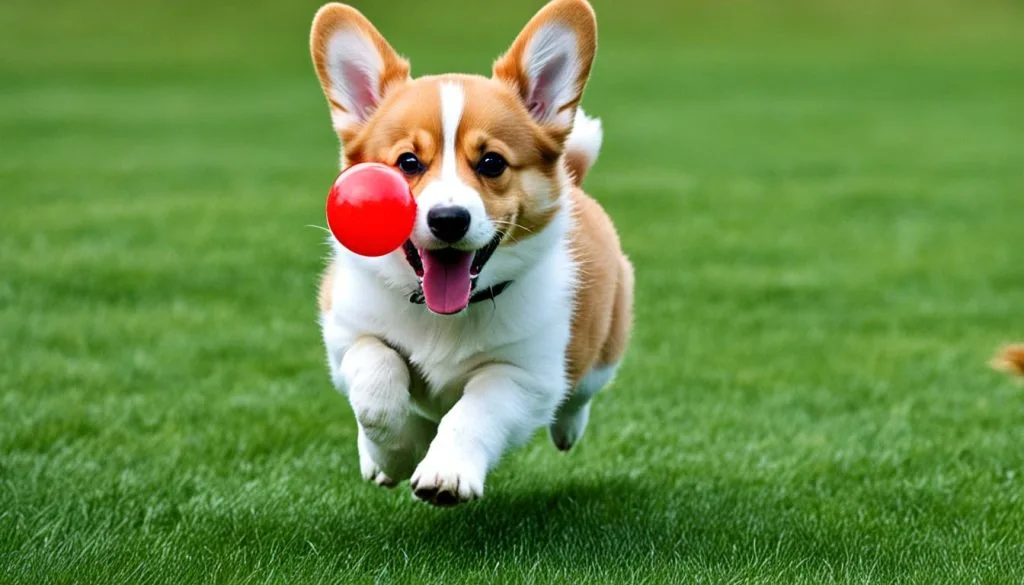 corgi puppy playing fetch
