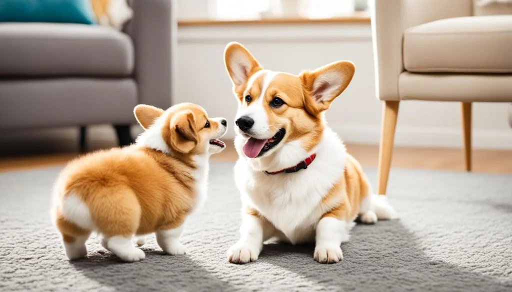 older corgi with new corgi puppy
