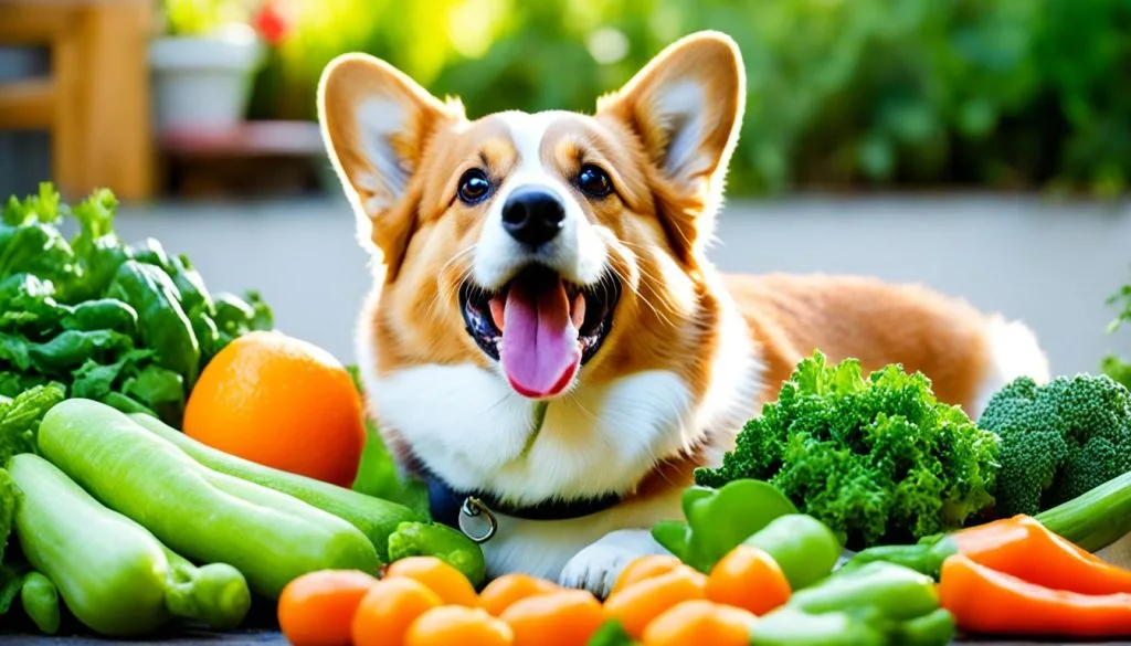 Corgi eating low-calorie vegetables
