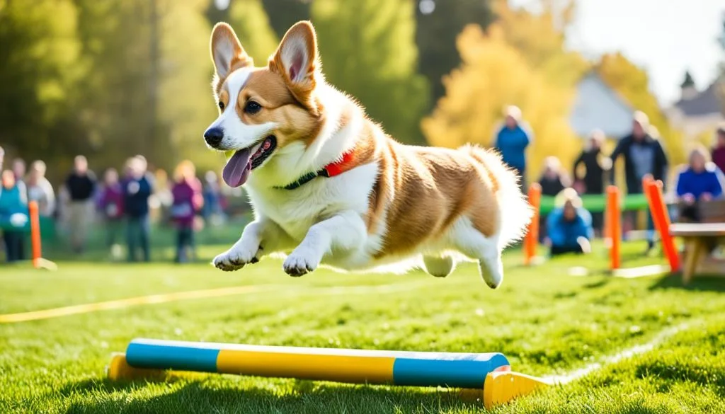 Corgi enjoying a backyard agility course