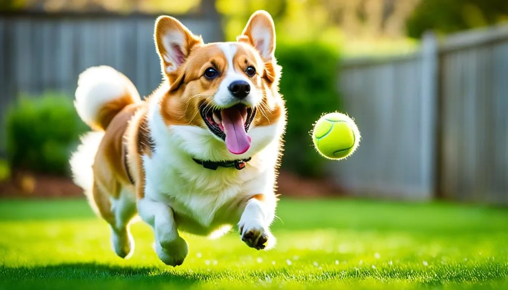 Corgi playing fetch in a fenced yard