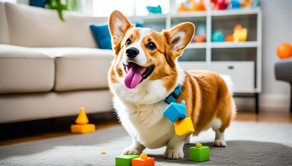 Corgi playing with a puzzle toy