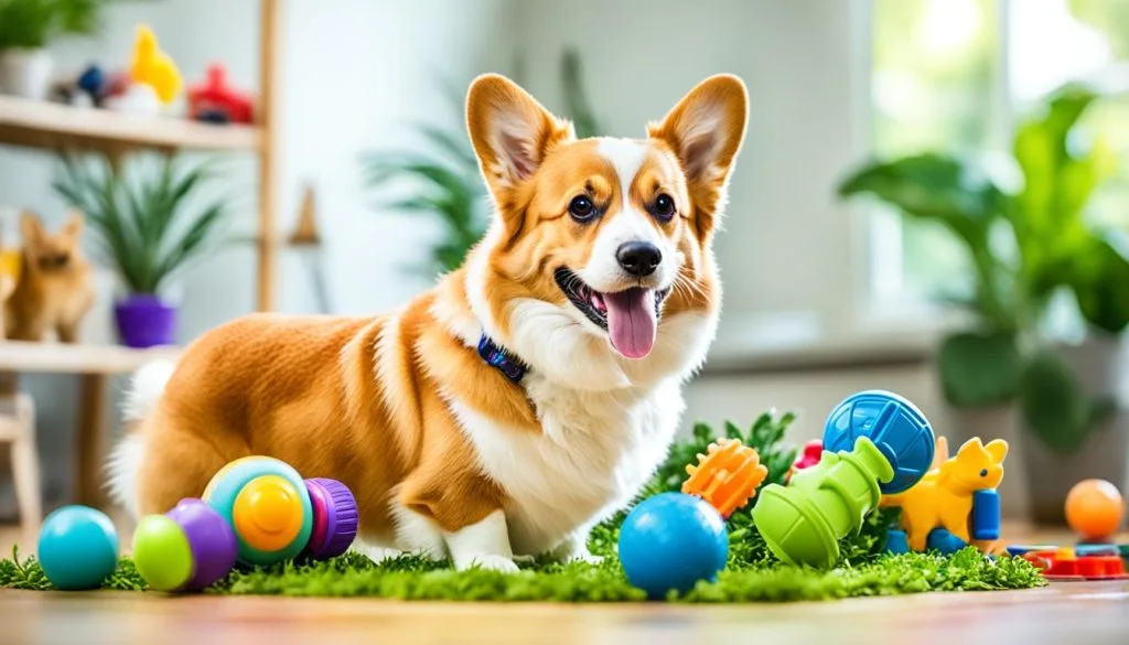 Corgi playing with toys
