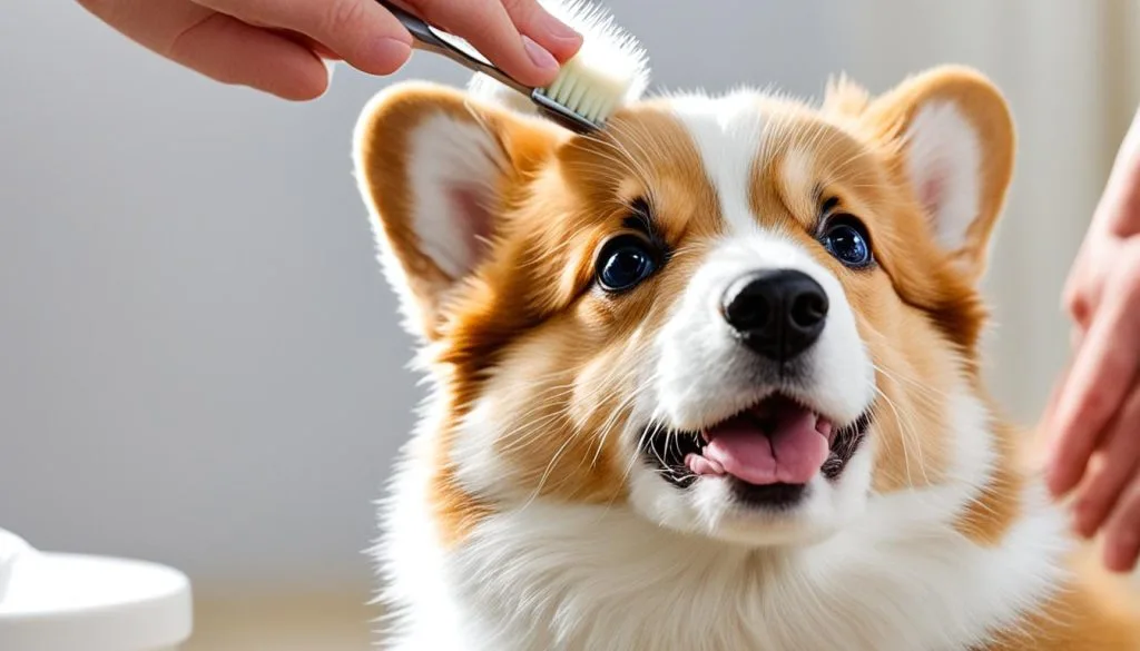 Corgi puppy being groomed