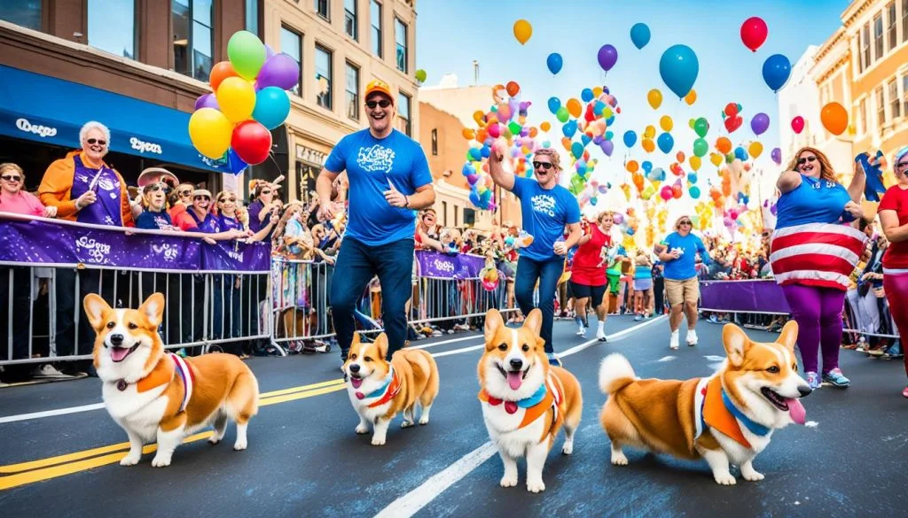 Corgis celebrating in a parade