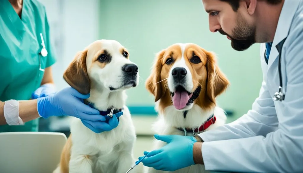 Puppy and adult dog receiving vaccines