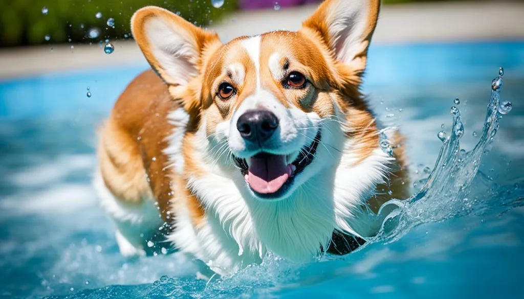 Senior Corgi swimming exercise