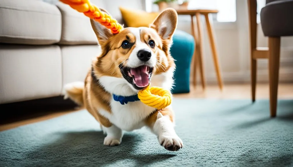 corgi playing tug of war