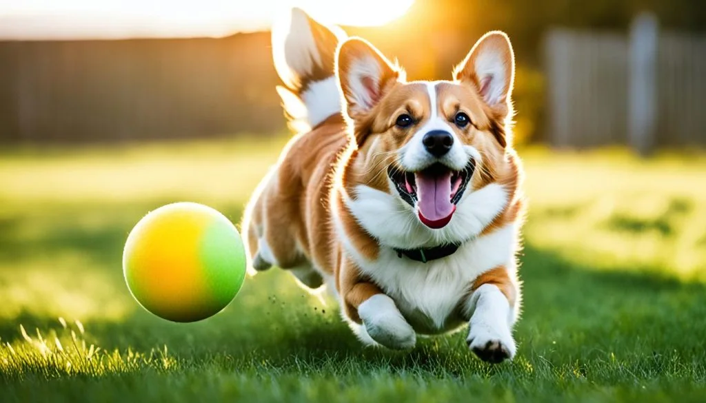 corgi playing with a herding ball