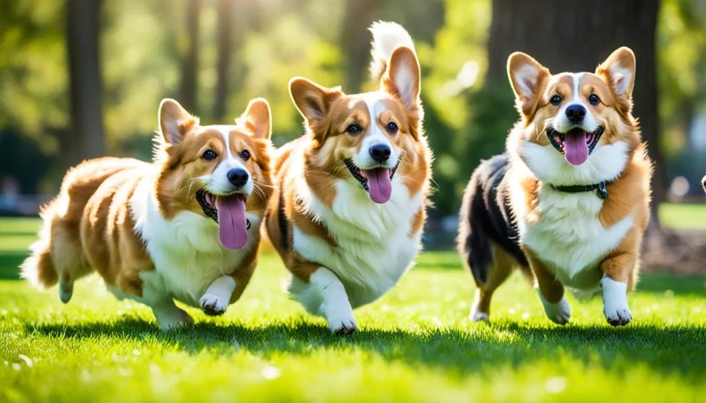 corgi playing with other dogs