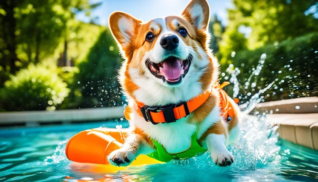 corgi swimming in a pool